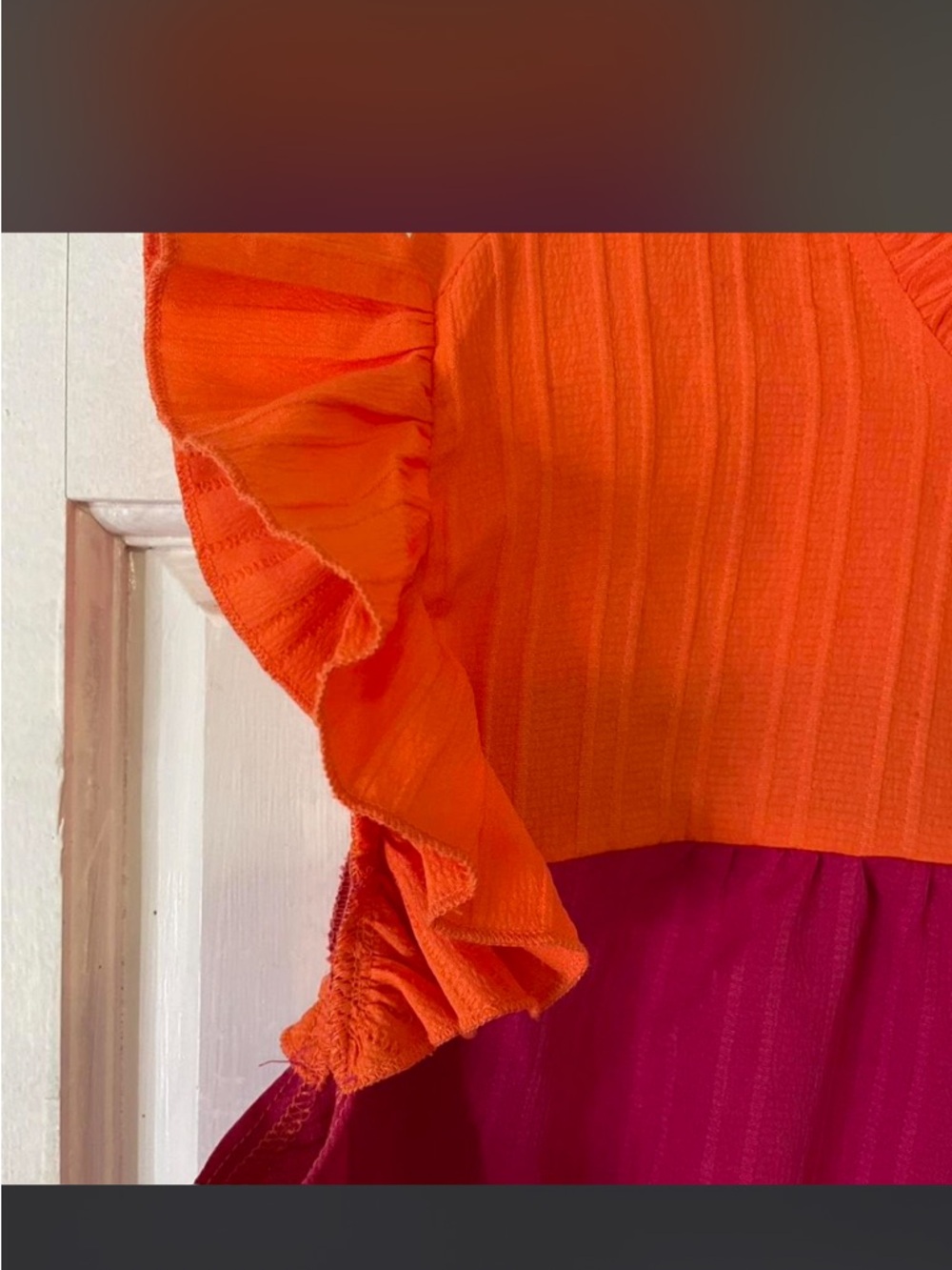 Girls Colorblock Ruffle Sleeve Top - Orange & Magenta - Picture 3 of 4